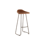 HAWK Barstool with brown leather fluted seat, slim black iron legs, and integrated footrest, offering modern industrial style and comfort.