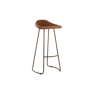 HAWK Barstool with brown leather fluted seat, slim black iron legs, and integrated footrest, offering modern industrial style and comfort.