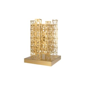 PONTES Table Lamp featuring a solid brass lattice design, brushed brass finish, integrated touch dimmer, and dual G9 sockets for modern elegance.