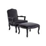 MARVIN Lounge Chair and footstool set in dark grey velvet with a black painted wooden frame.