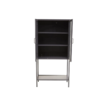 LOFT Cabinet in grey powder-coated metal with glass doors, open bottom shelf, and industrial design.