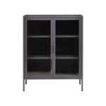 LOFT Sideboard in grey powder-coated metal with glass doors and adjustable shelves for compact storage.