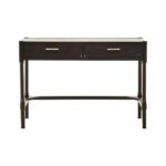 MESA Desk with black finish pine wood, metallic silver handles, carved legs, and two drawers for a functional and elegant home office solution.