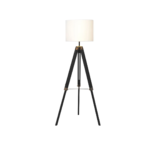 CROSSLINE Floor Lamp with black wood tripod base, white linen cylinder shade, and adjustable height.