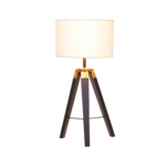 CROSSLINE Table Lamp with black wood tripod base, white linen cylinder shade, and adjustable height.