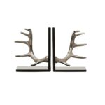 Set Of 2 Antler Bookends with silver metallic antlers and black marble bases for rustic and elegant decor.
