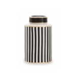 SETH Small Jar with black, white, and gold stripes on ceramic, a sophisticated decorative accessory for modern interiors.