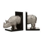 TALON Rhino Bookends with black marble bases and reflective silver rhino head and rear designs, perfect for decorative book organization.