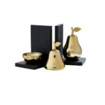 Set Of 2 Pear Bookends with black bases and gold-finish pears, featuring removable lids for hidden trinket storage.