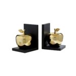 Set Of 2 Apple Bookends with black bases and gold-finish apples, featuring removable lids for discreet trinket storage.