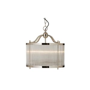 ROSS Pendant with reflective nickel frame and clear glass strips, a luxurious and elegant drum-shaped pendant light.