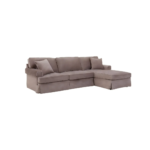 MAVER three-seater sofa in mink velvet with chaise lounge, featuring cushioned seats, padded key-style arms, and a wooden base.