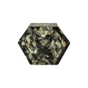 MITCH Stool with geometric prismatic design, showcasing resin tiles in grey, black, and antique green tones.