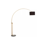 HUGH Floor Lamp with an arched brass frame, black fabric shade, and black marble base.