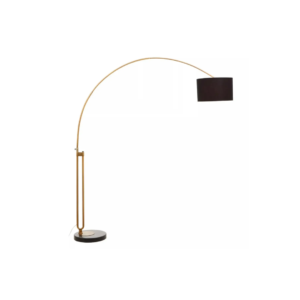 HUGH Floor Lamp with an arched brass frame, black fabric shade, and black marble base.