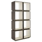 HARVEY Shelf Unit with distressed silver iron frame, dark grey concrete compartments, and crisp white interiors – a modern industrial storage display.