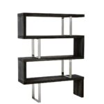 LANDON Shelf – four-tier modular shelf with black ash-finished elm wood and polished stainless steel, ideal for industrial and contemporary spaces.