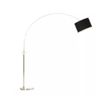 HUGH Nickel Floor Lamp with an arched nickel frame, black fabric shade, and chrome finish base.