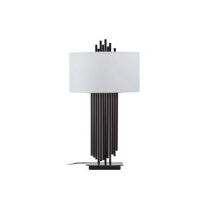 LUXU Table Lamp with a black iron pipe structure, rectangular base, and white linen shade.