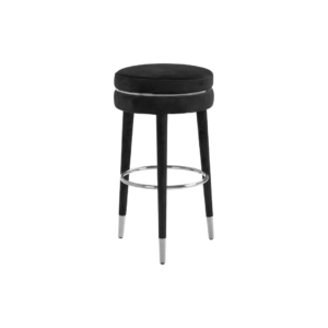 LORIN Barstool with renewable rubberwood legs, muted upholstery, and silver accents, designed for modern kitchen or bar areas.