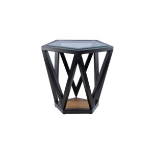 EVAN Side Table with clear pentagonal glass top and black geometric metal frame for a stylish modern look.