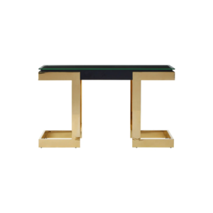 ORANA Console Table with a black top, clear glass panel, and a bright gold stainless steel frame, adding luxury and contrast to modern interiors.