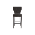 SABINA Charcoal Barstool with soft charcoal fabric upholstery, diamond-button backrest, sturdy black rubberwood legs, and sleek metal footrests.