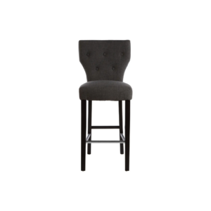 SABINA Charcoal Barstool with soft charcoal fabric upholstery, diamond-button backrest, sturdy black rubberwood legs, and sleek metal footrests.