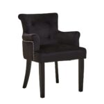 LEWIS Dining Chair upholstered in black velvet with buttoned back, silver stud accents, ring-back detail, scrolled armrests, and black rubberwood legs.