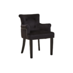 LEWIS Dining Chair upholstered in black velvet with buttoned back, silver stud accents, ring-back detail, scrolled armrests, and black rubberwood legs.