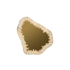 QUARTZ Mirror featuring a natural quartz crystal frame, gold-toned reflective surface, and organic shape for luxurious interiors.