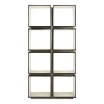 HARVEY Shelf Unit with distressed silver iron frame, dark grey concrete compartments, and crisp white interiors – a modern industrial storage display.