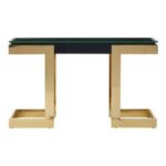 ORANA Console Table with a black top, clear glass panel, and a bright gold stainless steel frame, adding luxury and contrast to modern interiors.