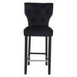 SABINA Barstool with black fabric upholstery, diamond-button backrest, sturdy black rubberwood legs, and metal footrests, perfect for modern interiors.