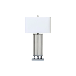 EDEN Table Lamp with ribbed glass rods, a matte silver metal base, and an ivory linen shade, offering timeless elegance for modern interiors.