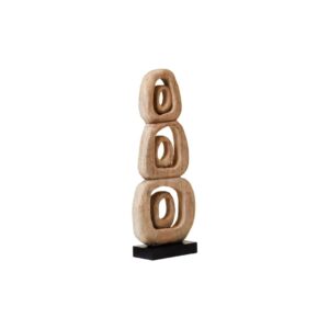 MAYA Mango Wood Sculpture featuring carved inlaid rings with a natural finish, set on a sleek black wooden base, perfect for modern interiors.