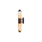 Vertical wall light with a solid brass and glass construction, black and brushed brass finish, featuring two E27 sockets for ambient illumination.