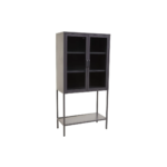 LOFT Cabinet in grey powder-coated metal with glass doors, open bottom shelf, and industrial design.