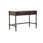 MESA Desk with black finish pine wood, metallic silver handles, carved legs, and two drawers for a functional and elegant home office solution.