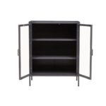 LOFT Sideboard in grey powder-coated metal with glass doors and adjustable shelves for compact storage.