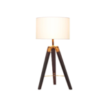 CROSSLINE Table Lamp with black wood tripod base, white linen cylinder shade, and adjustable height.