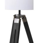 CROSSLINE Floor Lamp with black wood tripod base, white linen cylinder shade, and adjustable height.