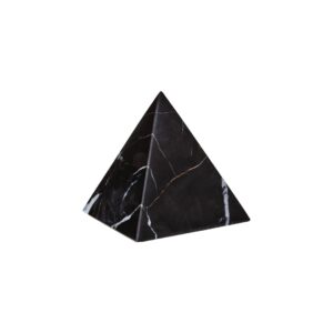 Black marble pyramid ornament with white veining, offering a sleek and contemporary aesthetic for modern interiors.