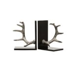 Set Of 2 Antler Bookends with silver metallic antlers and black marble bases for rustic and elegant décor.