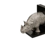 TALON Rhino Bookends with black marble bases and reflective silver rhino head and rear designs, perfect for decorative book organization.