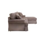 MAVER three-seater sofa in mink velvet with chaise lounge, featuring cushioned seats, padded key-style arms, and a wooden base.