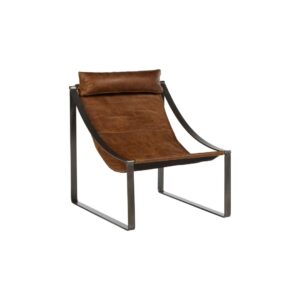 BOWIE Sling Chair featuring light brown distressed leather upholstery, a sleek iron frame, and a padded headrest.