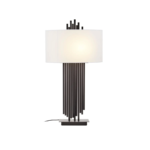 LUXU Table Lamp with a black iron pipe structure, rectangular base, and white linen shade.