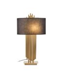 LUXU Black Table Lamp with gold-finish iron pipes, black linen shade, and rectangular base.