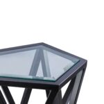 EVAN Side Table with clear pentagonal glass top and black geometric metal frame for a stylish modern look.